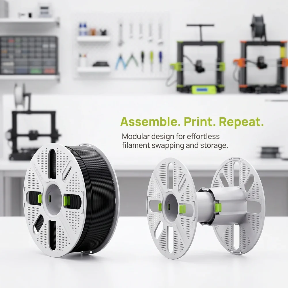 Two spools, one loaded with filament and one empty