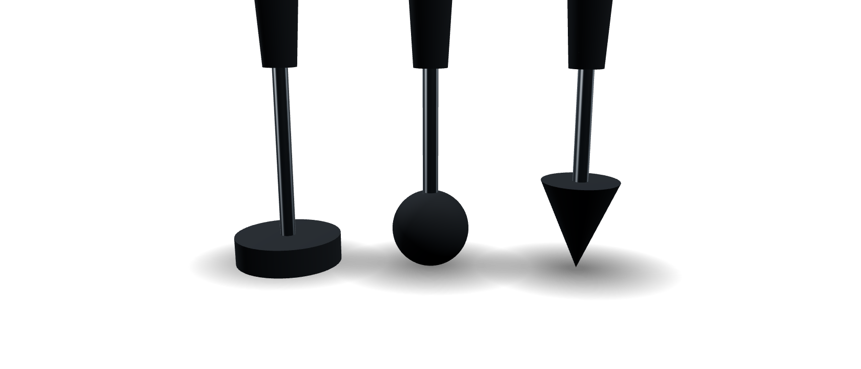Three polishing tips: flat, ball and cone